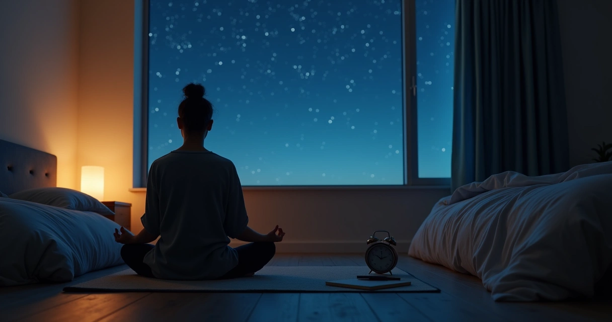 Habitación de noche con persona meditando junto a la cama abierta hacia un cielo estrellado 