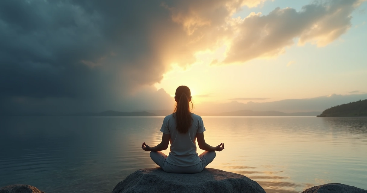 Persona sentada meditando frente a paisaje dividido entre tormenta y calma 