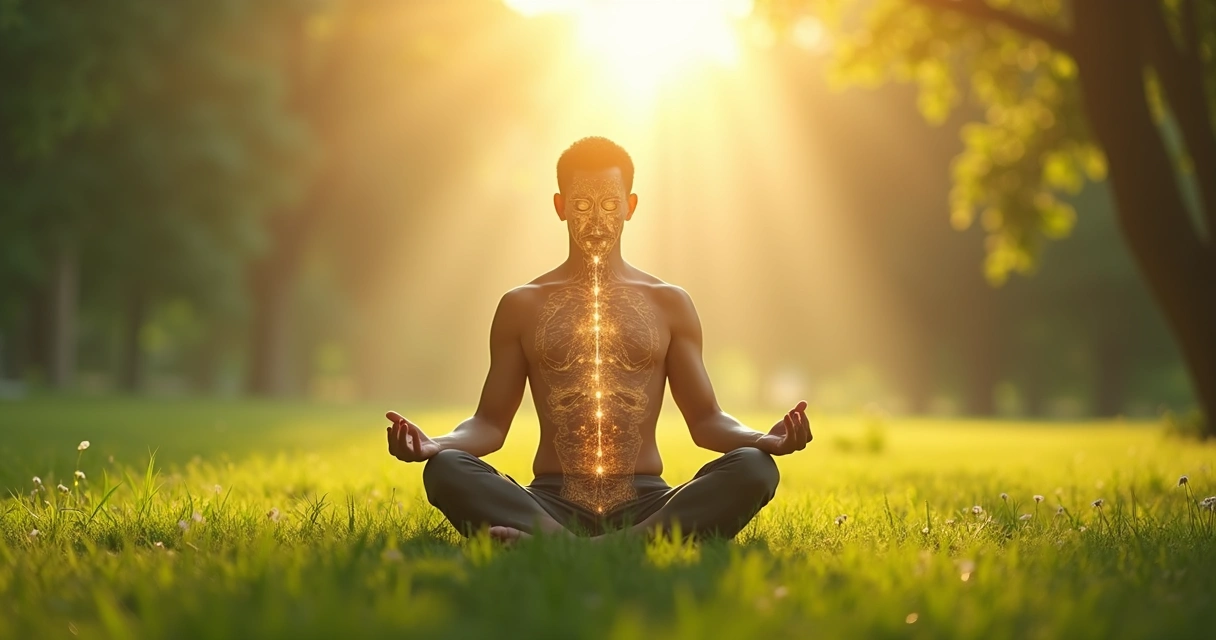 Persona meditando en entorno natural con luz suave 