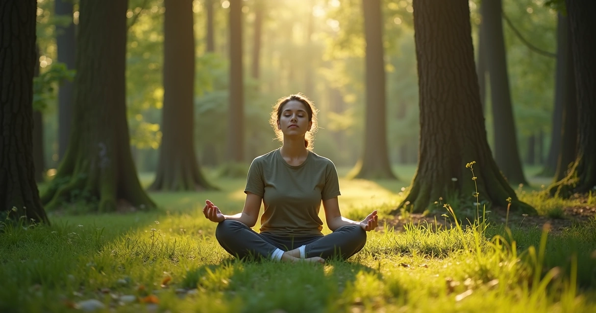 Persona meditando bajo árboles en un entorno natural tranquilo. 