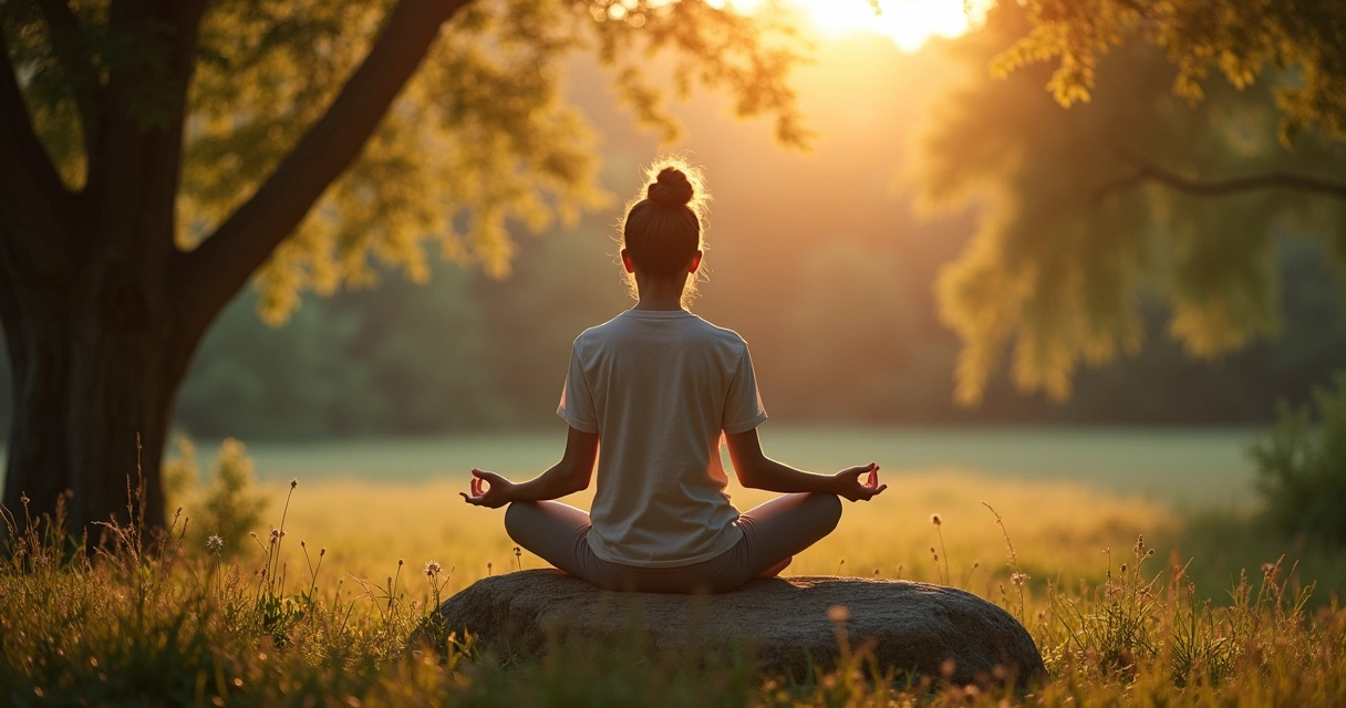 Persona sentada en postura de meditación en un entorno natural con luz suave 