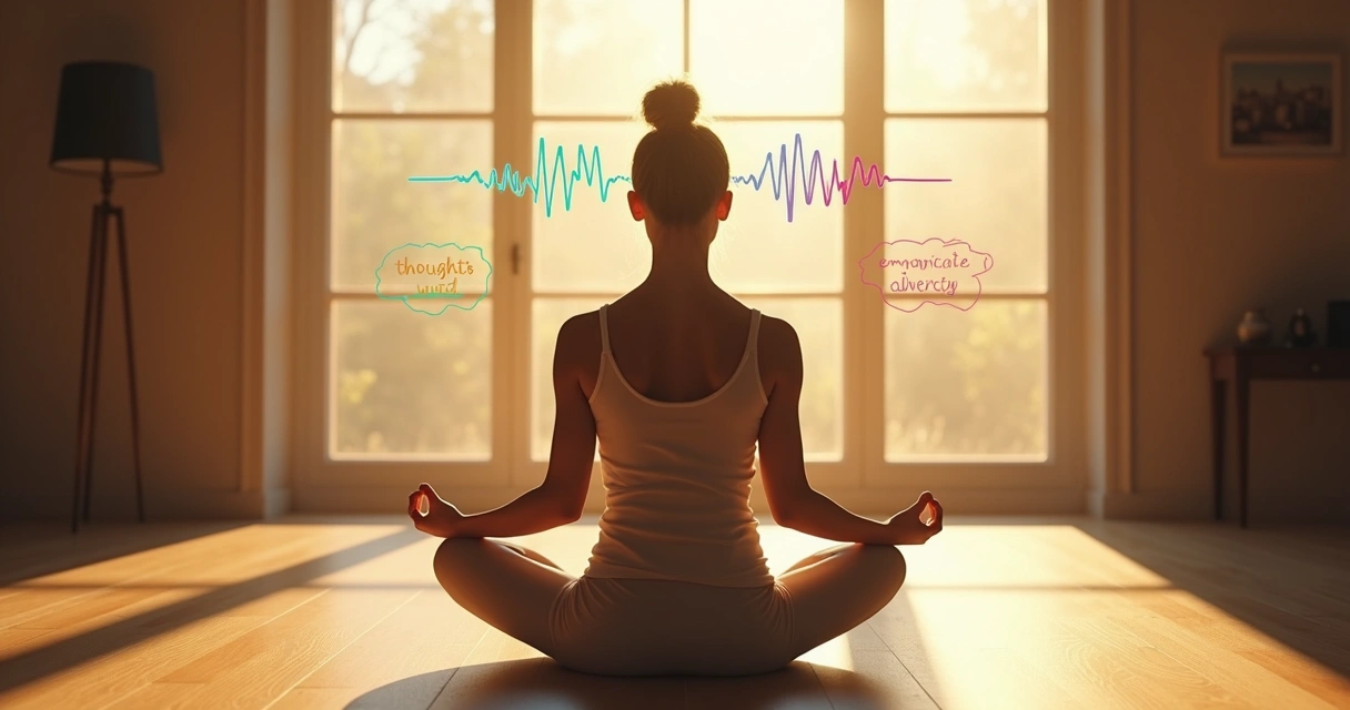 Mujer sentada meditando con luz suave entrando por la ventana 