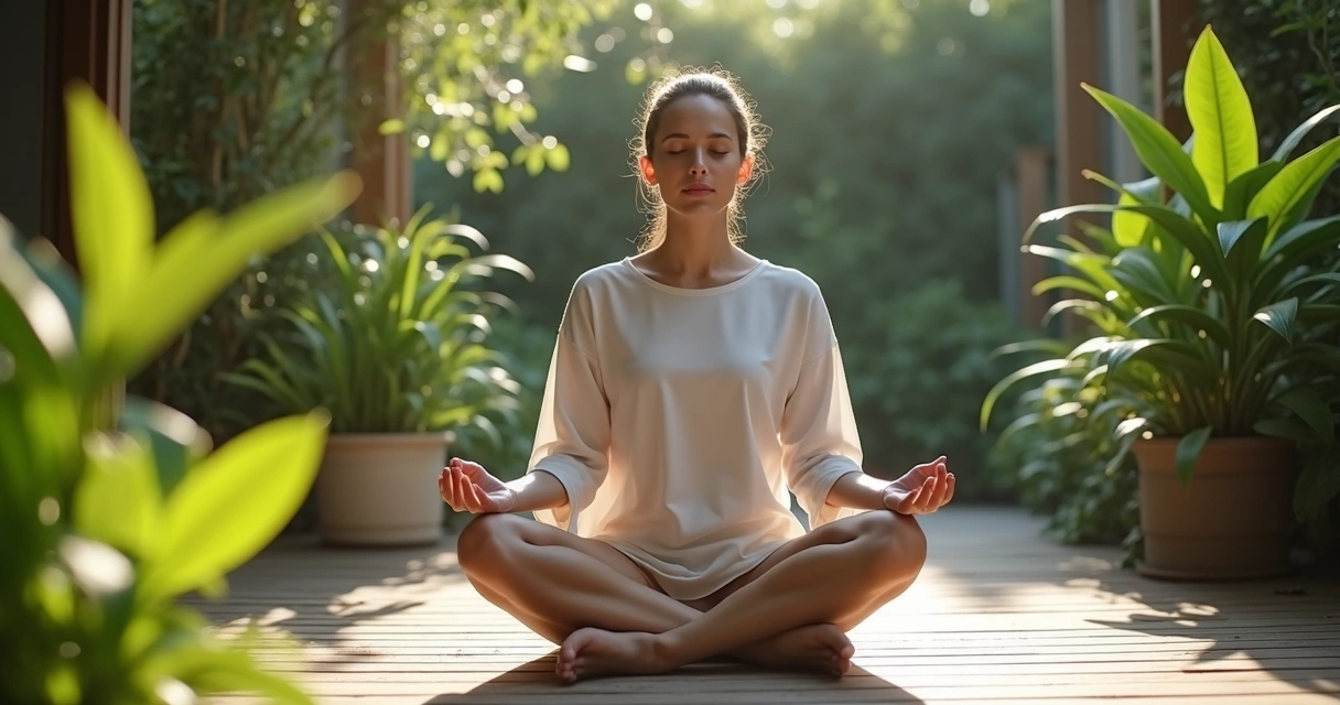Persona sentada en postura de meditación rodeada de plantas en un jardín tranquilo 