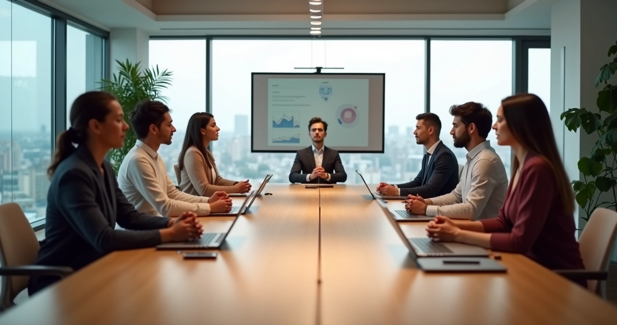 Líder guiando breve meditación en junta de trabajo en sala de reuniones moderna 