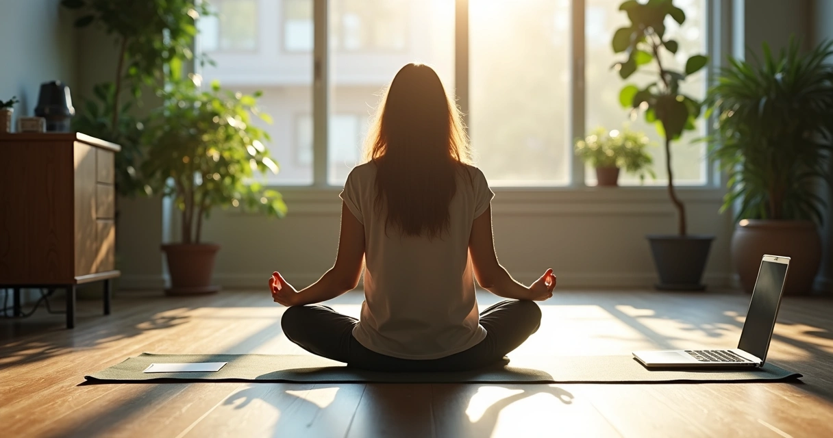 Persona sentada en postura de meditación en oficina moderna, luz natural, plantas y materiales de trabajo visibles