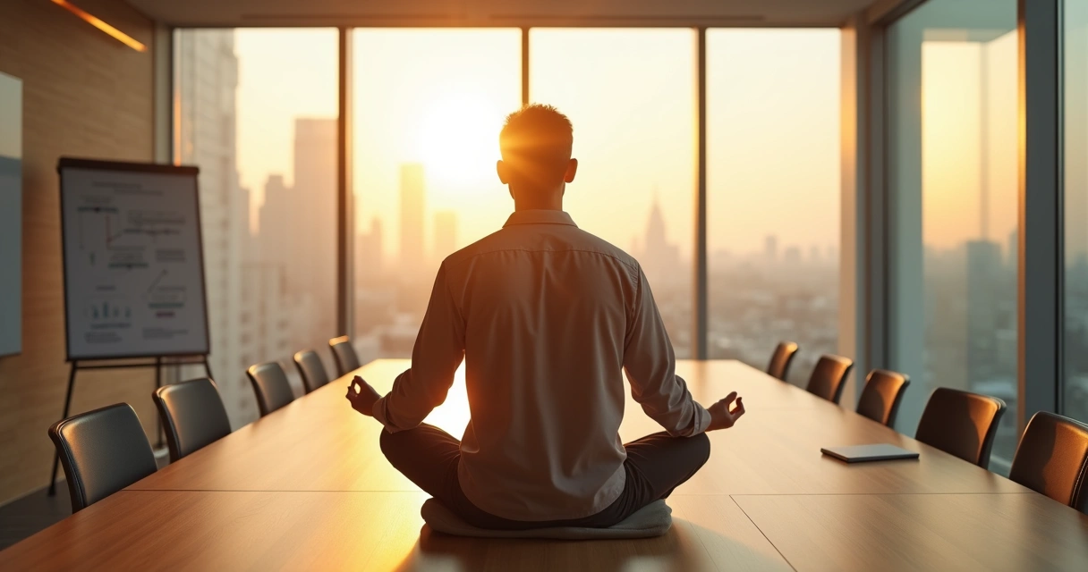 Líder ejecutivo meditando en una sala de reuniones moderna al amanecer 