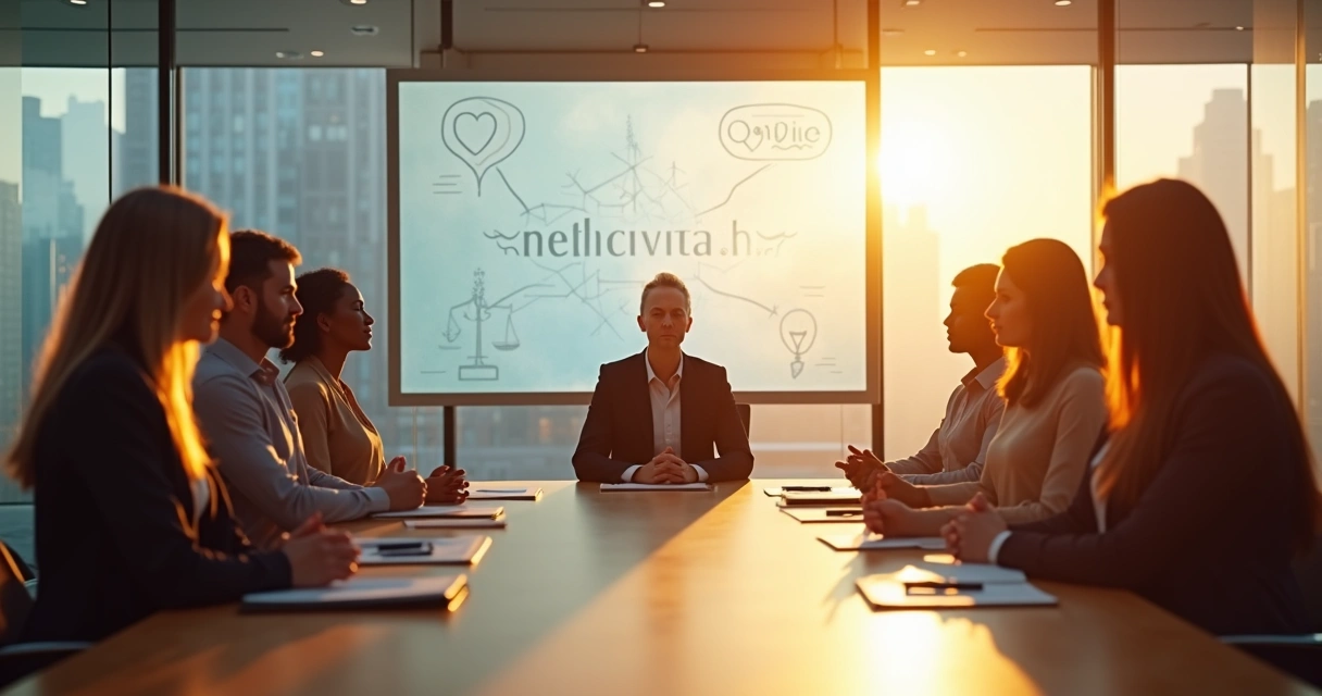 Líder sentado en meditación frente a su equipo en una sala de reuniones moderna 