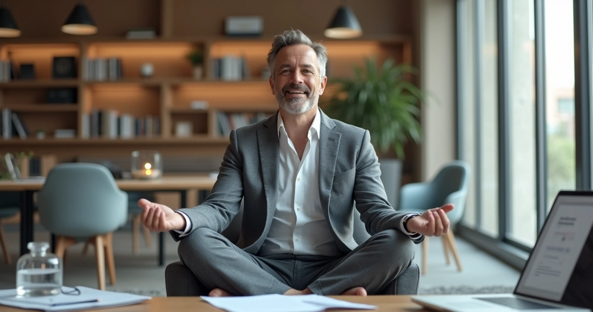 Persona sentada en una silla de oficina con postura de meditación, rodeada de papeles y pantalla de ordenador