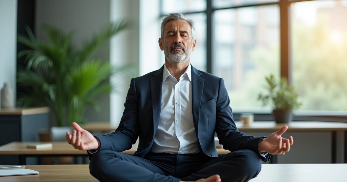 Directivo meditando en la oficina en postura relajada con planta cerca 