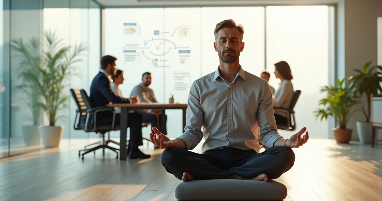 Líder meditando en sala de reuniones moderna con equipo al fondo 