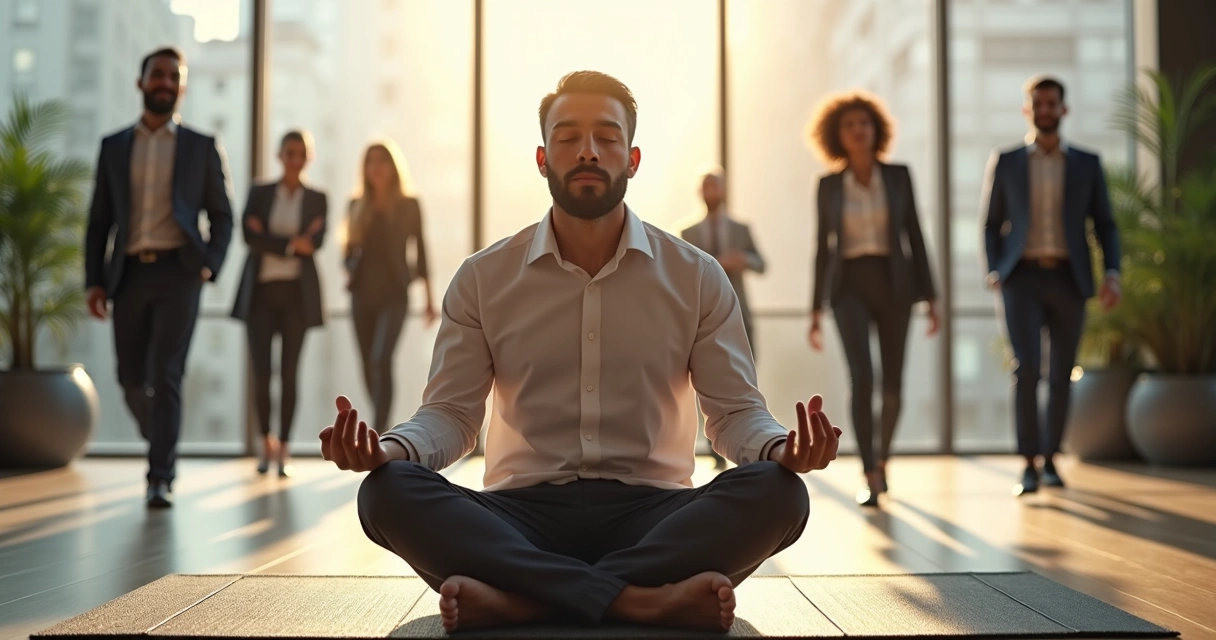 Líder sentado en posición de meditación en oficina moderna 