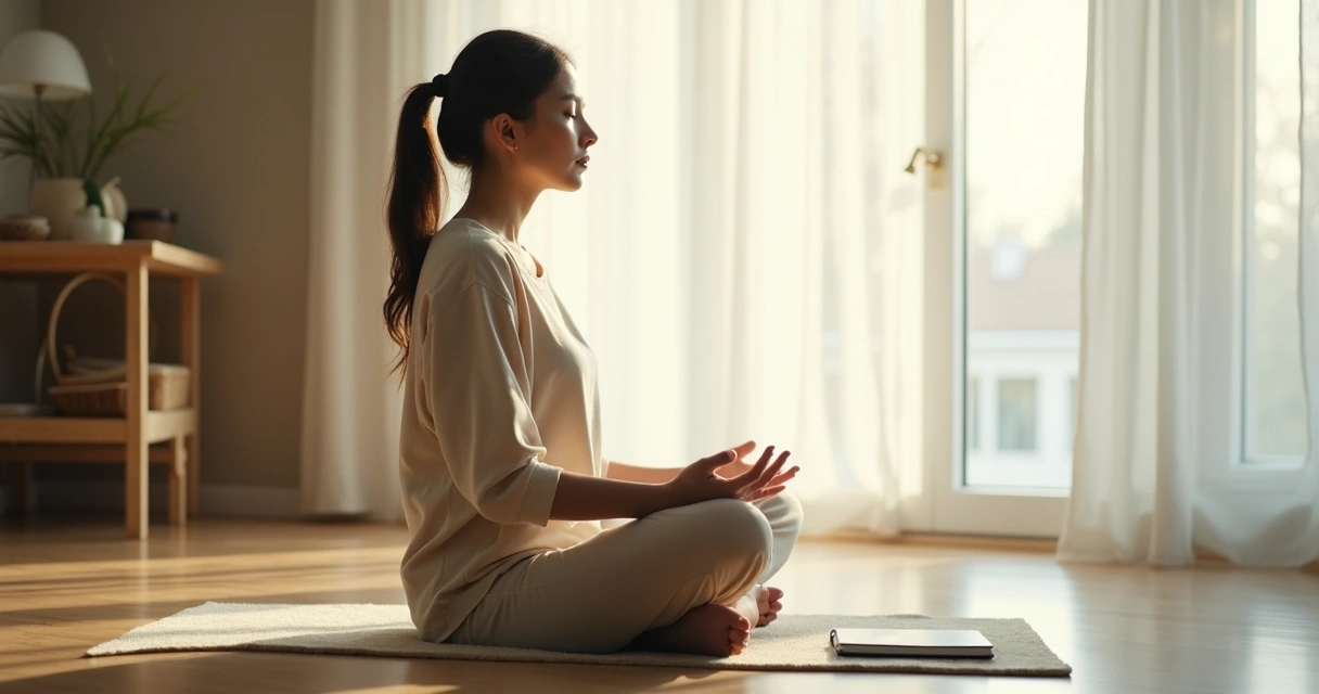 Persona sentada en meditación cerca de una ventana con luz suave