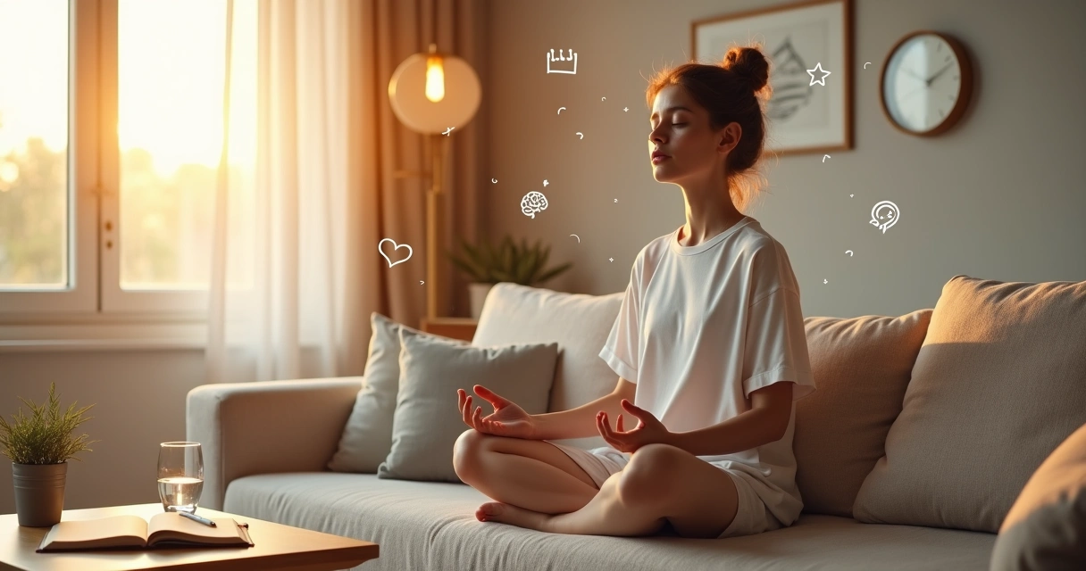 Persona meditando al amanecer rodeada de iconos sutiles de hábitos diarios 