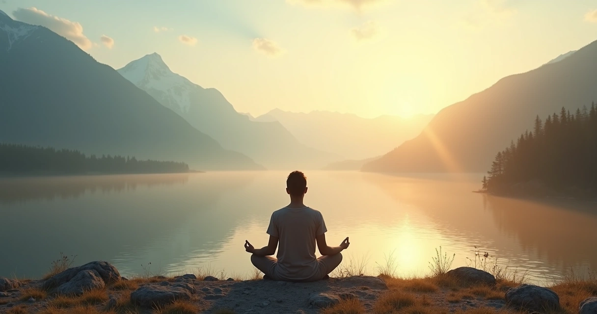 Persona meditando frente a un paisaje dividido entre claridad y oscuridad 