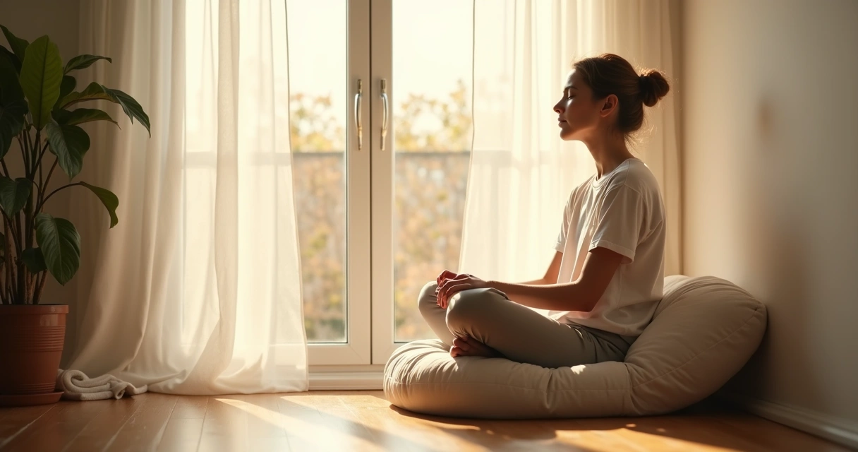 Persona sentada meditando junto a una ventana con luz de mañana 