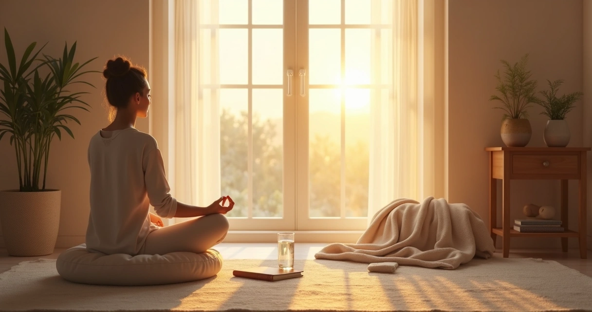 Persona sentada junto a una ventana al amanecer meditando en una habitación tranquila