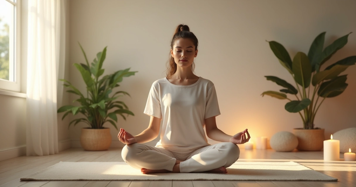 Persona meditando en el suelo en habitación tranquila, luz tenue 