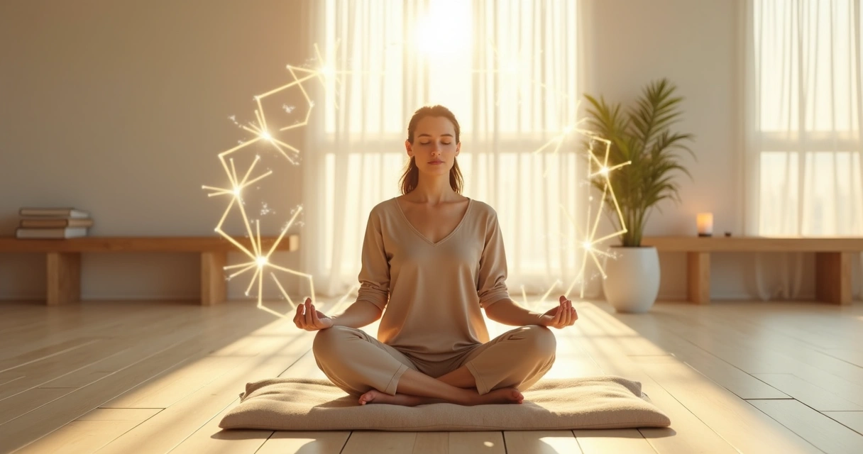 Persona meditando en interior luminoso conectada con redes de luz sutiles 