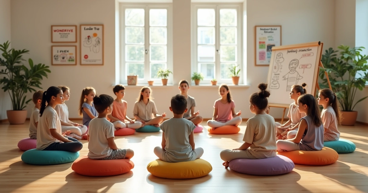 Niños sentados en círculo practicando meditación guiada en un aula luminosa 