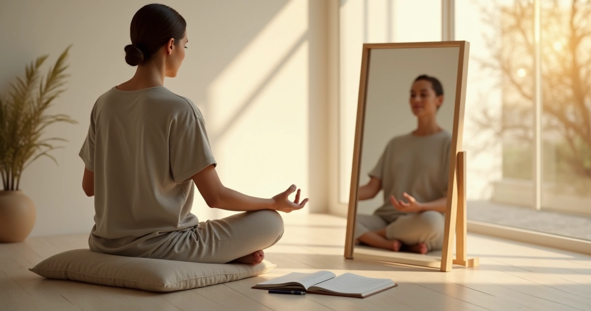 Persona meditando frente a un espejo con un cuaderno de notas abierto 
