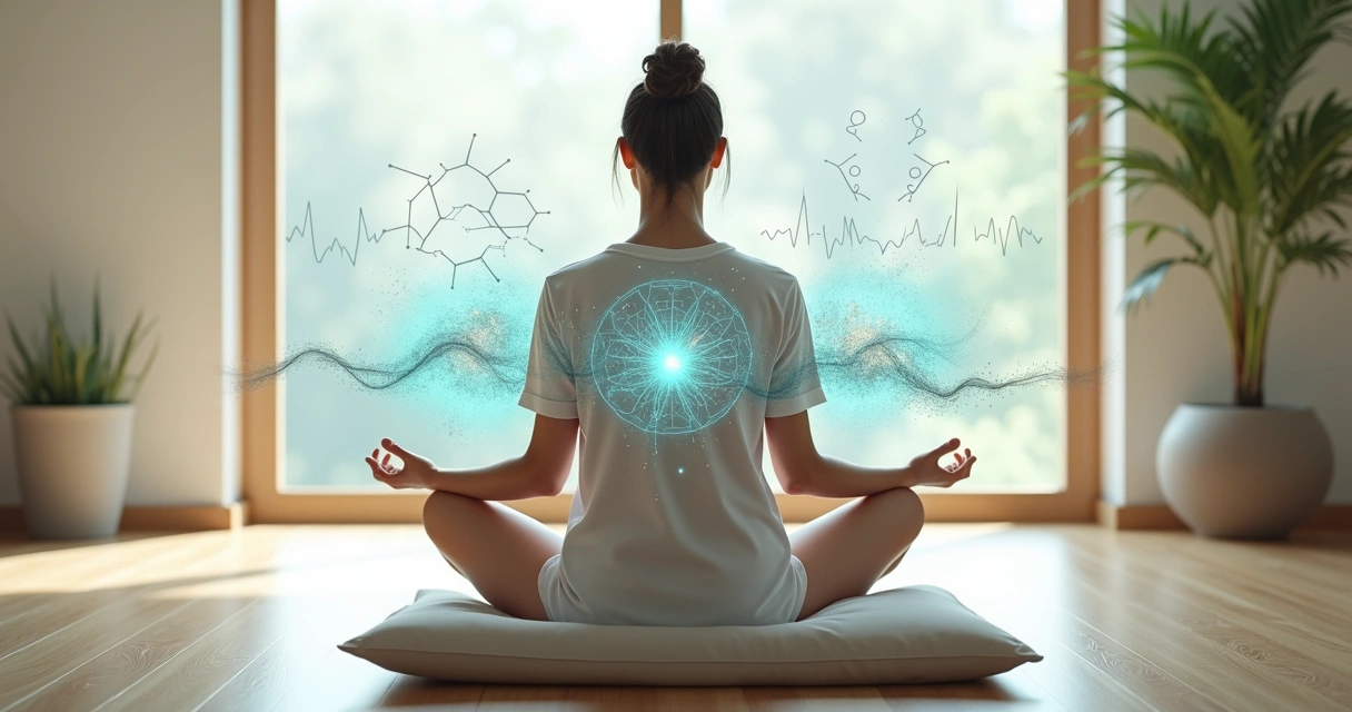 Persona meditando en postura cómoda rodeada de diagramas sutiles de mente emoción y conciencia 