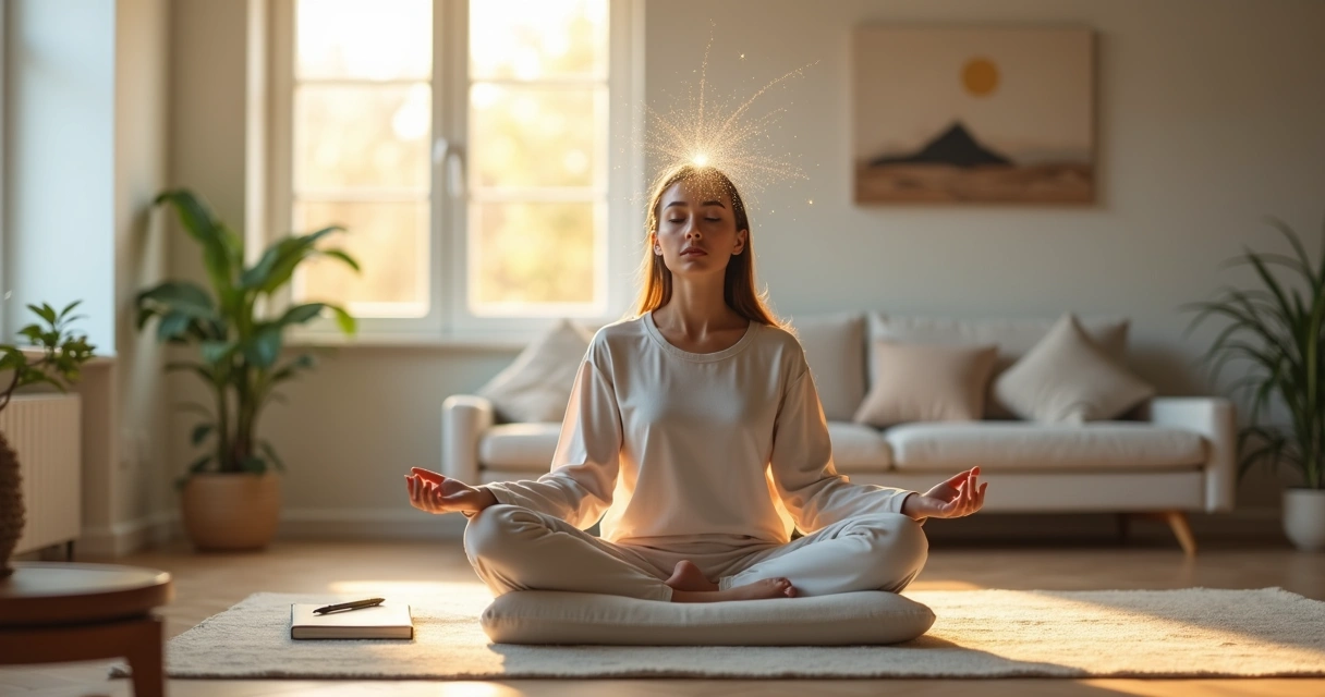 Persona meditando en casa con luz suave y mente representada por destellos de luz ordenados 