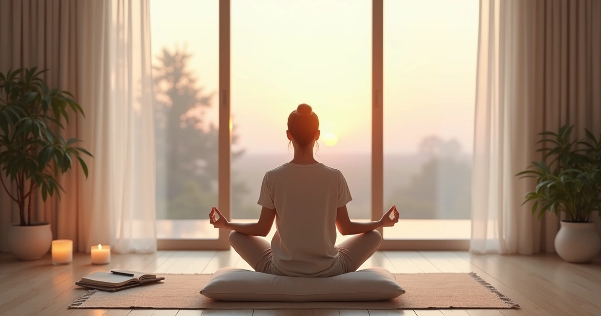 Persona meditando sentada frente a una ventana con luz suave al amanecer 