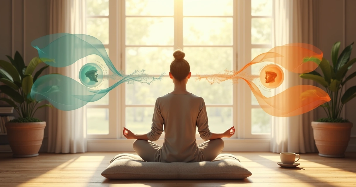 Persona meditando en casa integrando mente cuerpo y emociones 