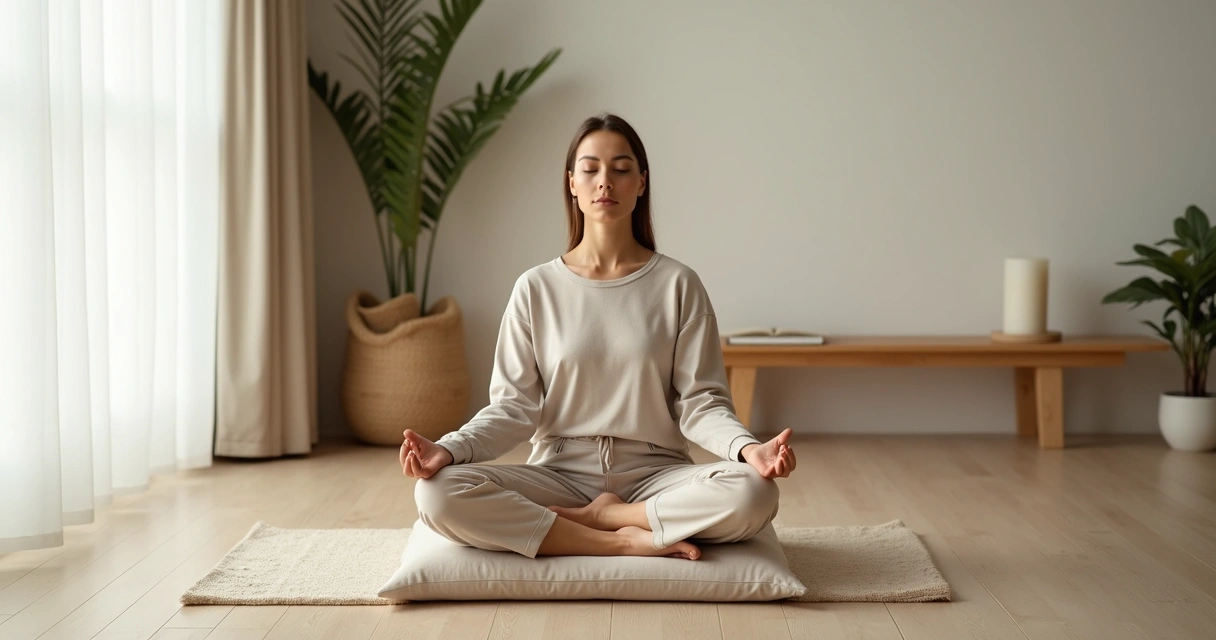 Persona meditando sentada en el suelo de una sala tranquila en casa 