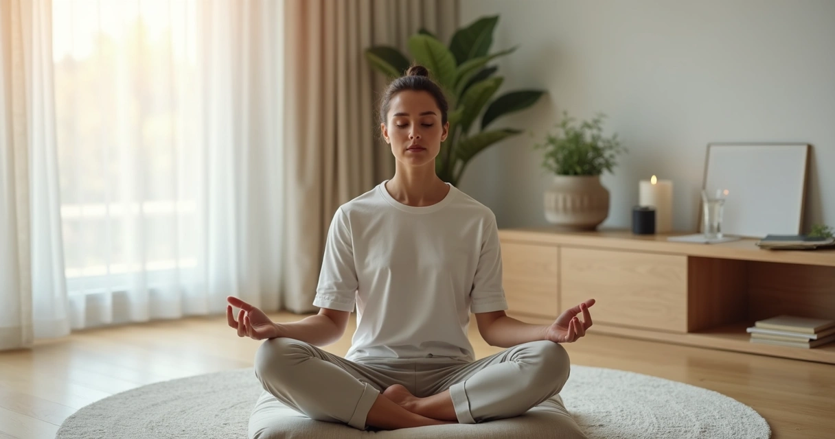 Persona meditando sentada en el suelo de una sala iluminada y tranquila 