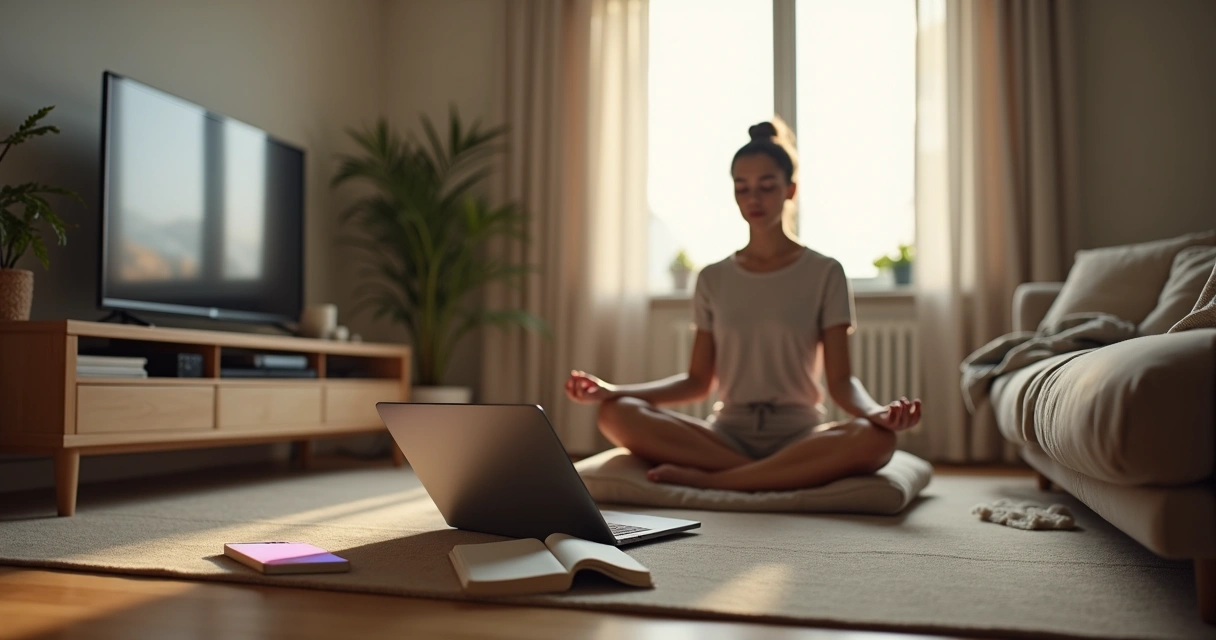 Persona meditando en casa distraída por el móvil y el desorden a su alrededor 