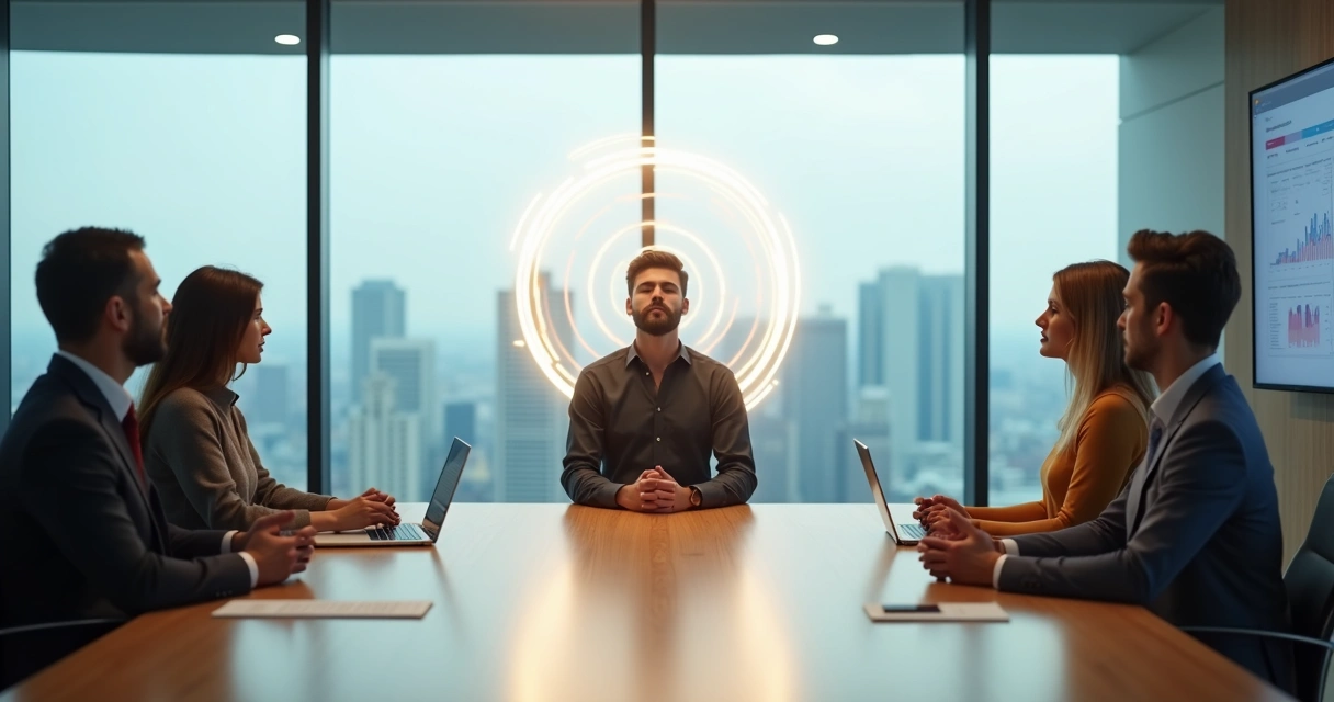 Persona en sala de reuniones guiando a un equipo mientras un círculo de luz suave la envuelve 