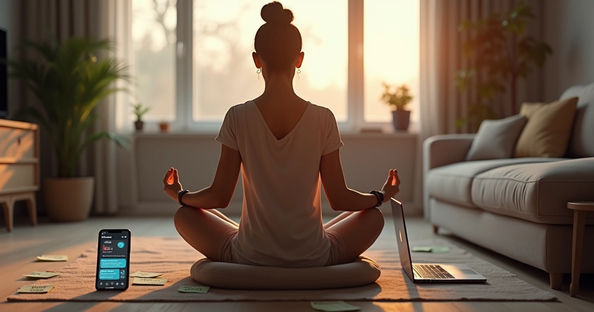 Persona meditando sola en casa rodeada de distracciones digitales 