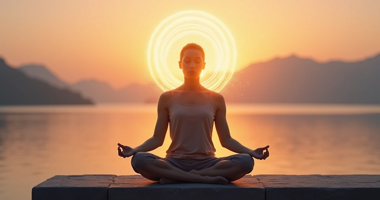 Persona meditando con luz expansiva alrededor de la cabeza 