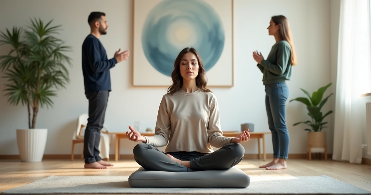 Persona meditando frente a dos figuras en conflicto en un entorno sereno 