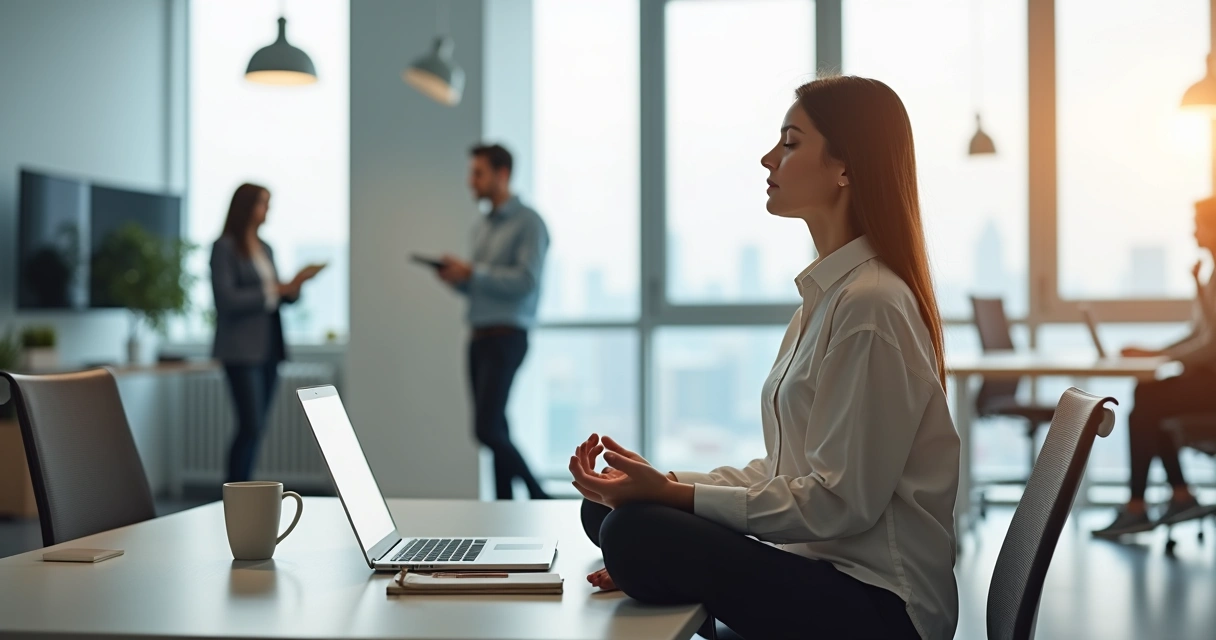 Profesional en oficina practicando meditacion consciente en su escritorio 