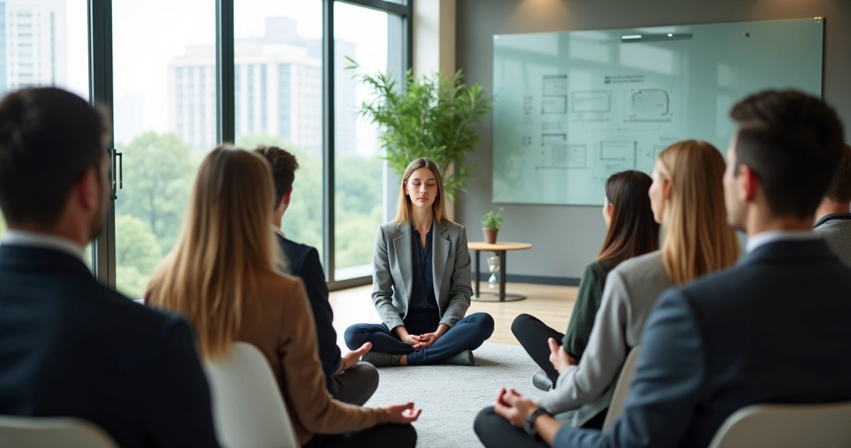 Líder guiando meditación en sala de reuniones moderna 