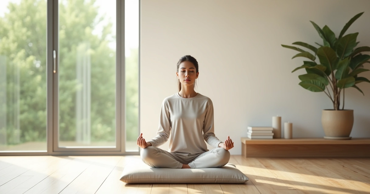 Persona sentada meditando en postura sencilla en una sala luminosa y minimalista 