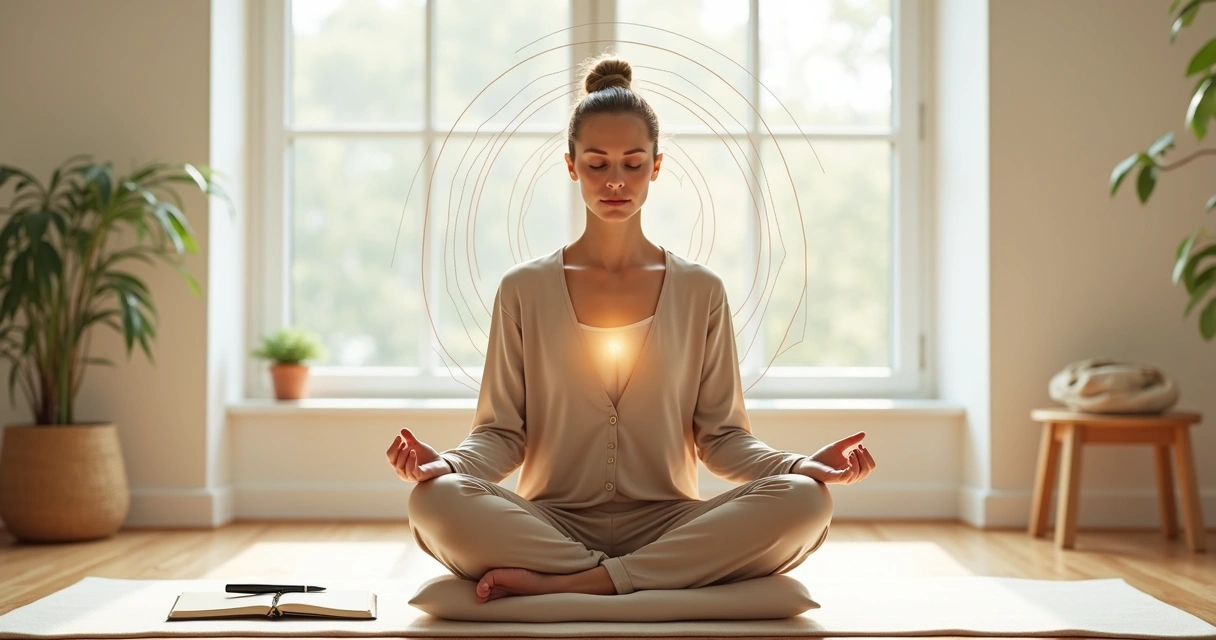 Persona sentada meditando en un salón luminoso con diagramas sutiles de estructura mental 
