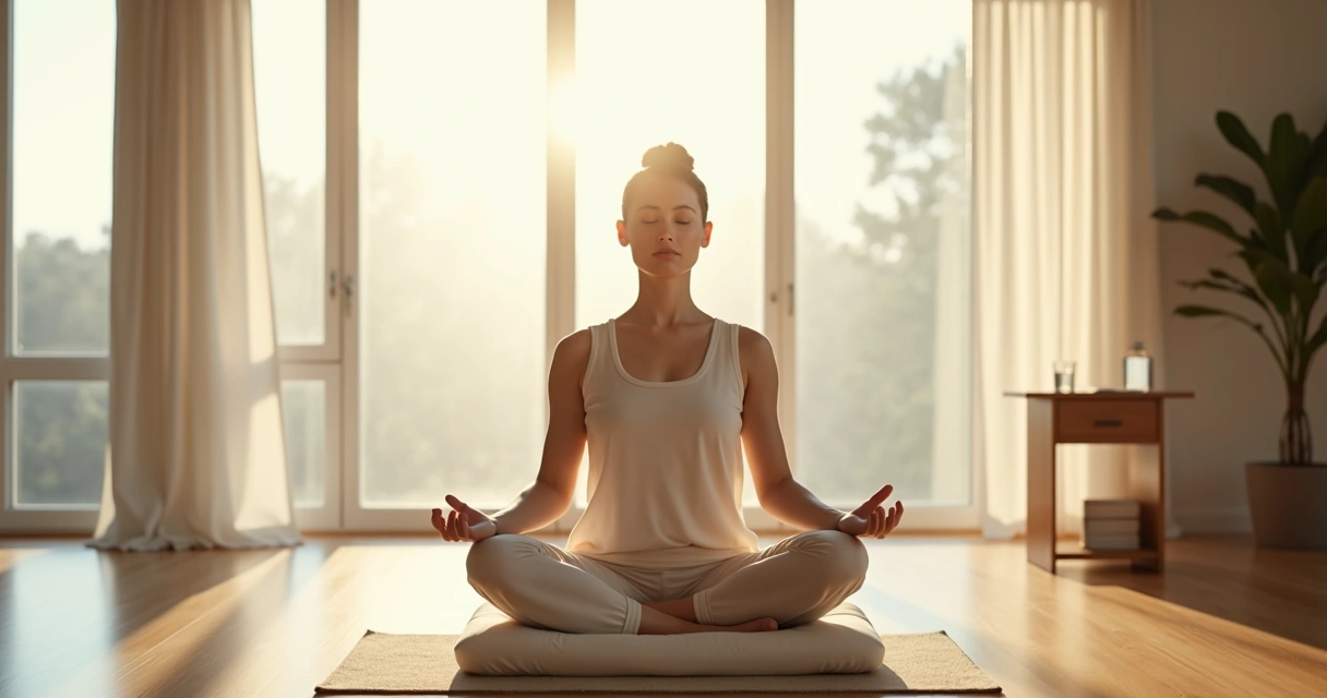Persona meditando sentada en interior luminoso con energía sutil alrededor 