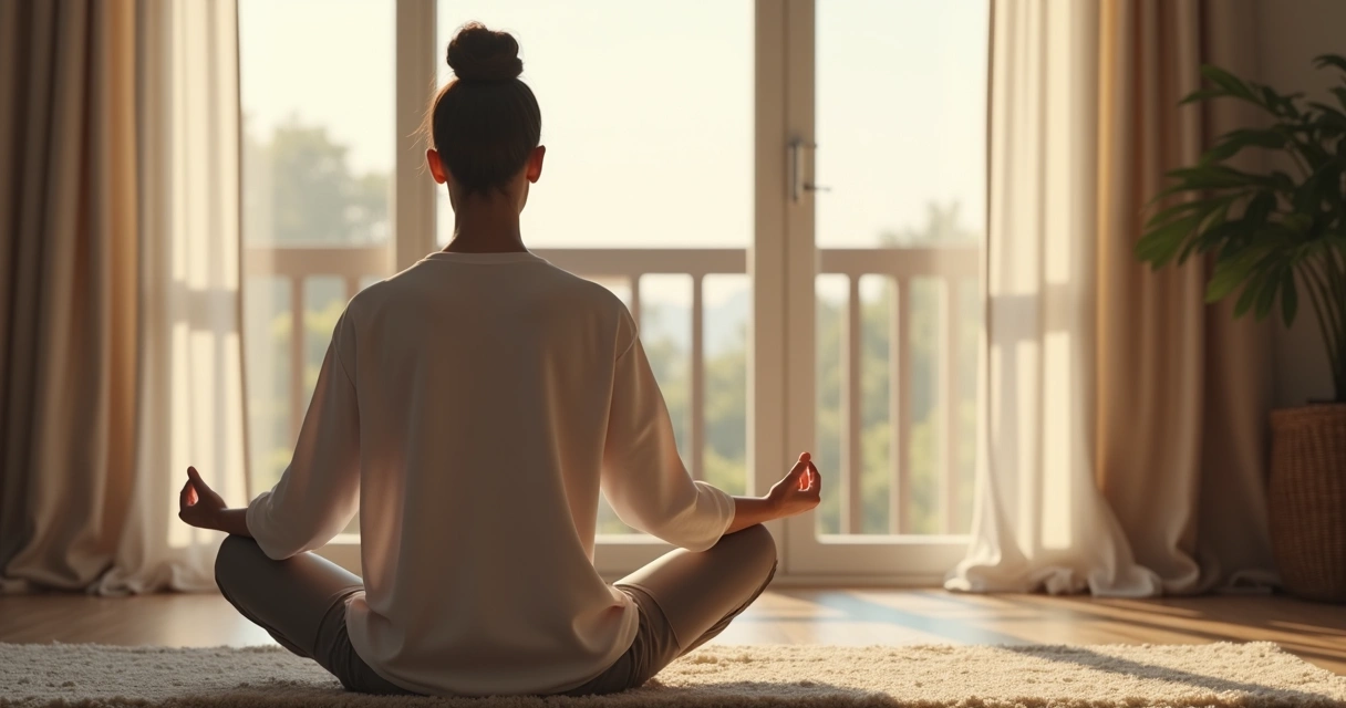 Persona sentada en postura cómoda meditando junto a una ventana con luz suave
