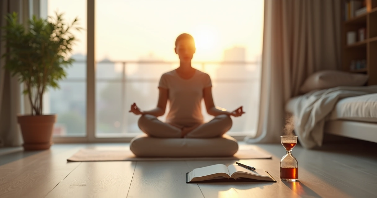 Persona meditando en casa al amanecer con cuaderno y reloj de arena junto a una ventana 