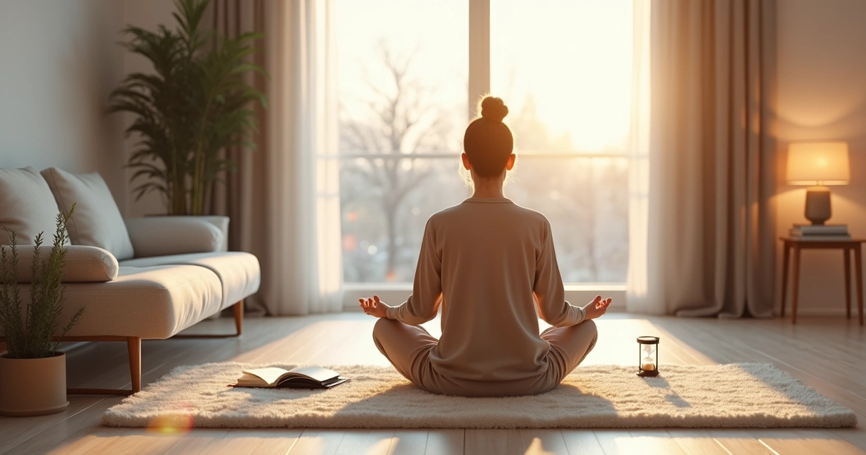 Persona meditando en salón luminoso de casa con luz suave y cuaderno al lado 
