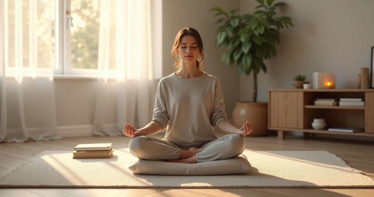 Persona meditando en el salón de su casa con luz suave y ambiente ordenado 