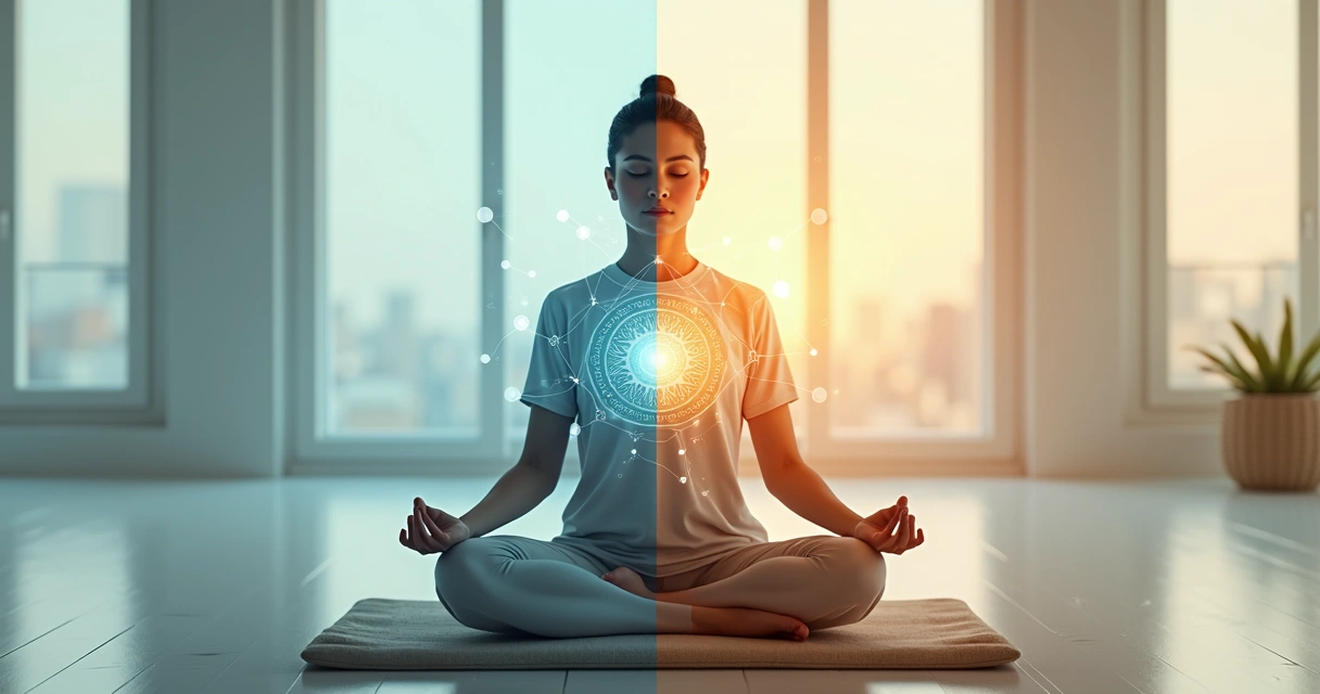 Comparación visual entre meditación marquesiana y mindfulness clásico en una misma escena 