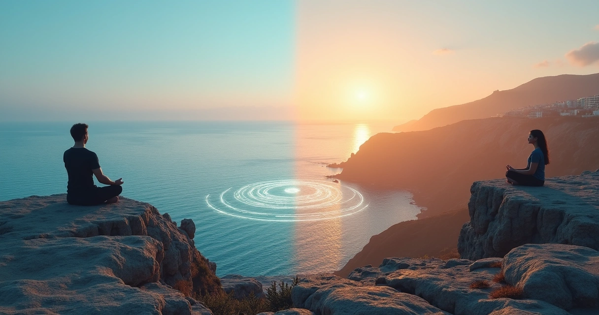 Comparación visual entre dos formas de meditación en un mismo paisaje 