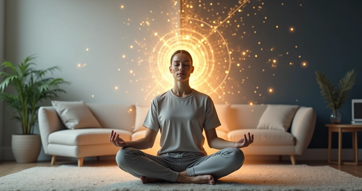 Persona meditando con contraste entre mente agitada y conciencia clara 