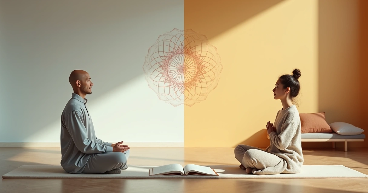 Comparación visual entre meditación marquesiana y meditación tradicional en un mismo espacio 