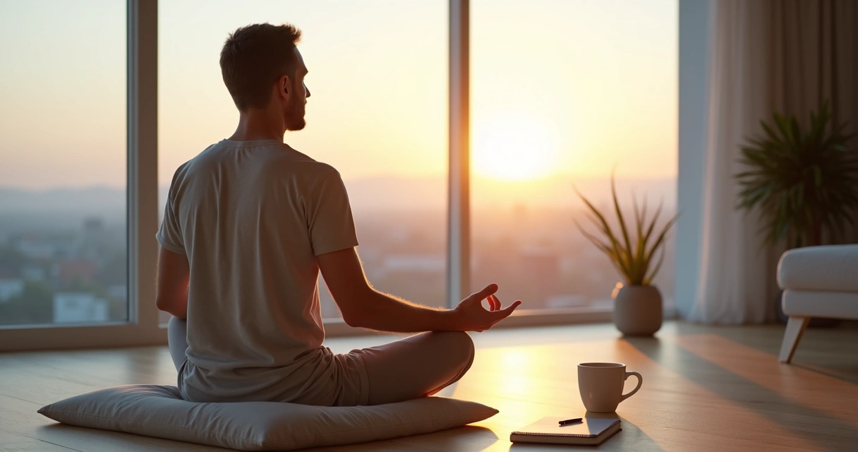 Persona sentada meditando frente a una ventana con luz de amanecer 