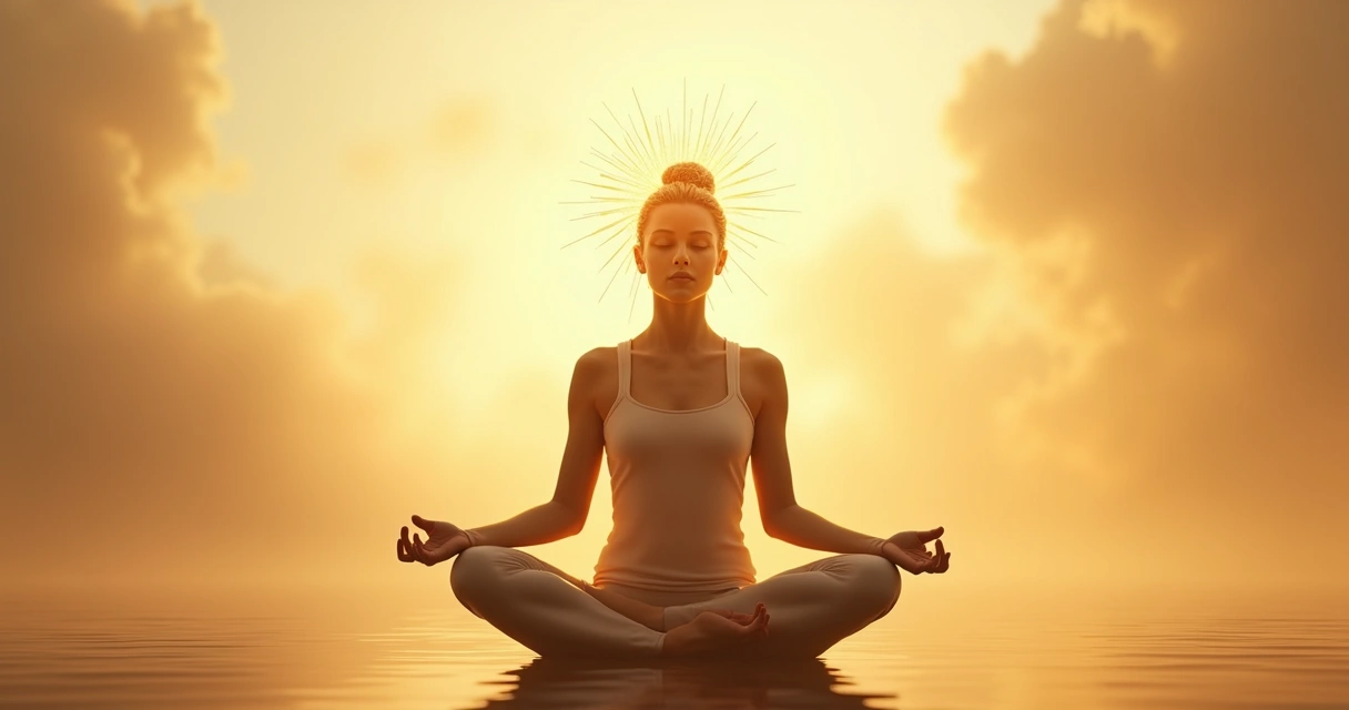 Figura meditando en postura de loto con fondo de luz tenue y tonos cálidos. 